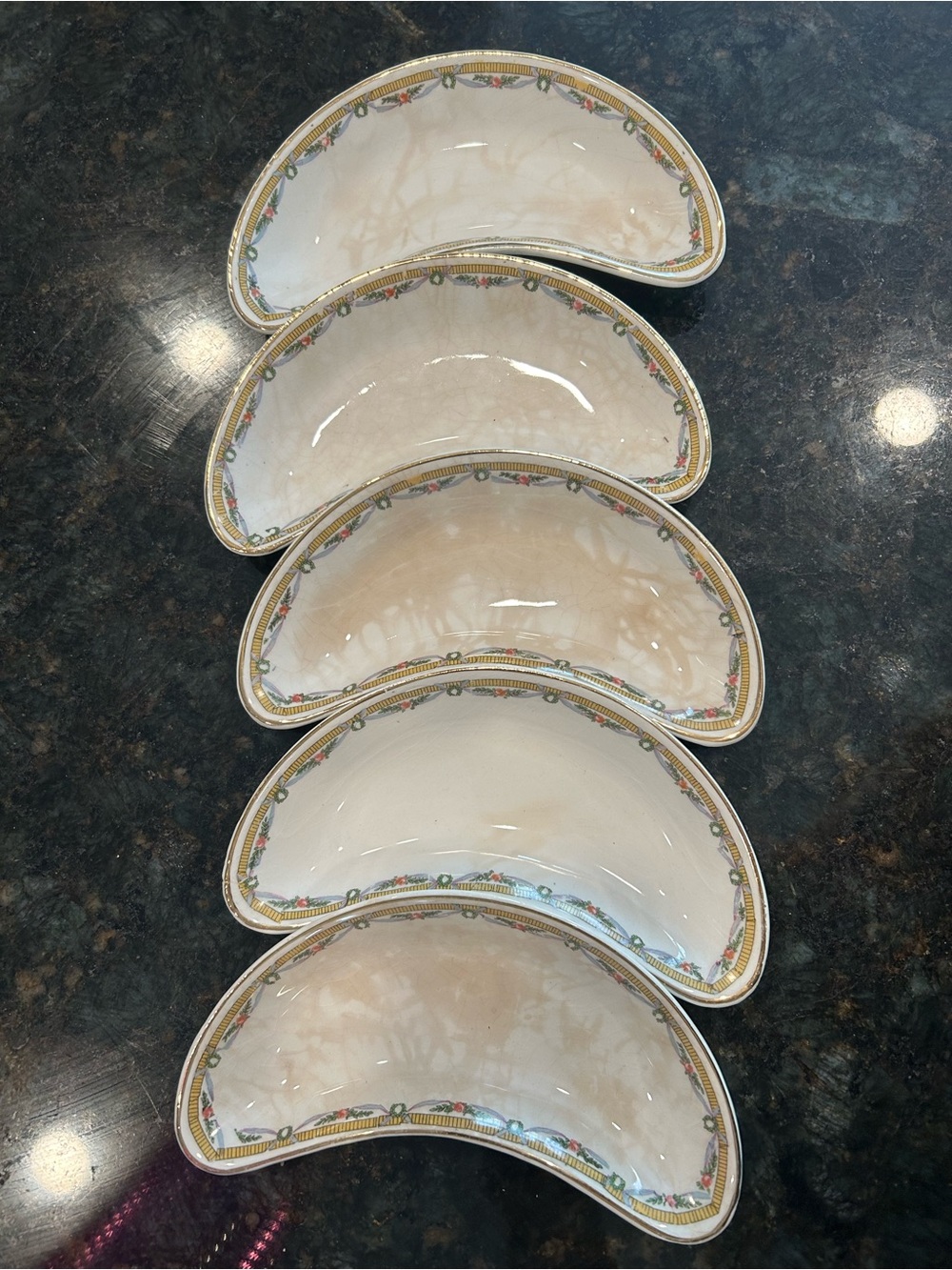 Vintage Bone Dishes Cream Crescent with Gold and Floral Border (5set)